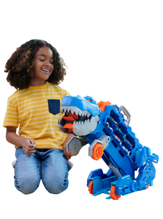 Hot Wheels T-Rex Transporter Hauler with Race Track Toy