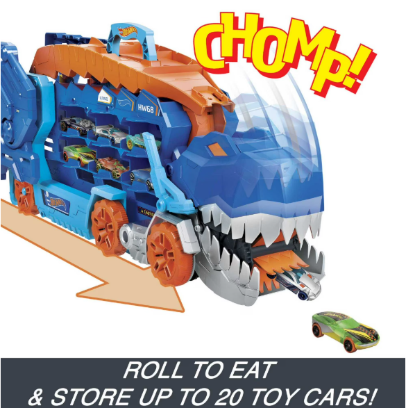 Hot Wheels T-Rex Transporter Hauler with Race Track Toy