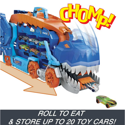 Hot Wheels T-Rex Transporter Hauler with Race Track Toy