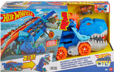 Hot Wheels T-Rex Transporter Hauler with Race Track Toy