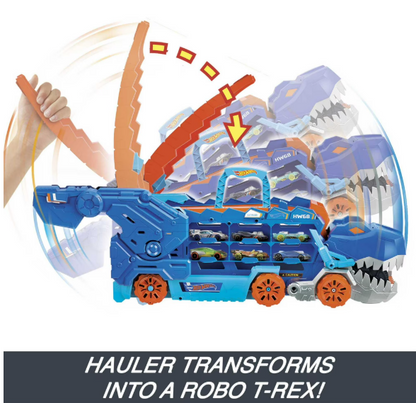 Hot Wheels T-Rex Transporter Hauler with Race Track Toy