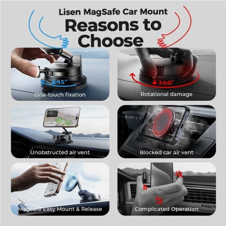 LISEN Retractable Magnetic Car Phone Mount 360° Holder