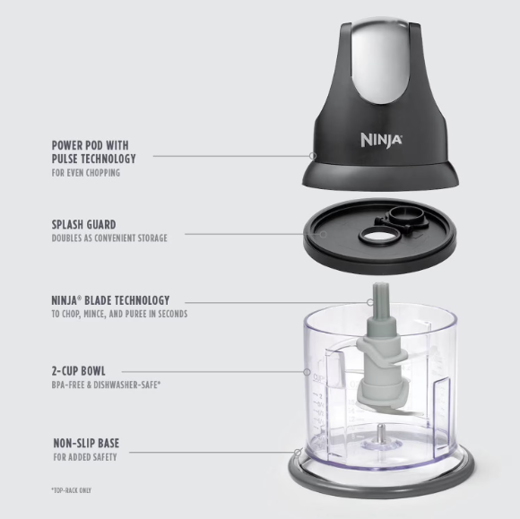 Ninja NJ100 2-Cup Food Chopper Gray One-Touch Pulse