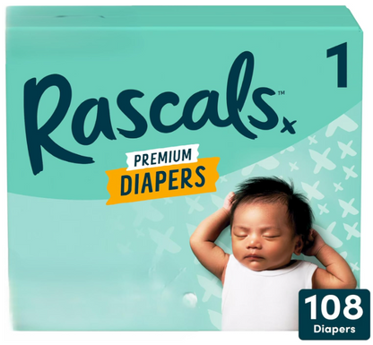 Rascals Premium Absorbent Baby Diapers Size 1, 108 Count