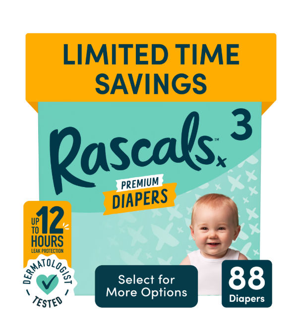 Rascals Premium Absorbent Baby Diapers Size 3, 88 Count