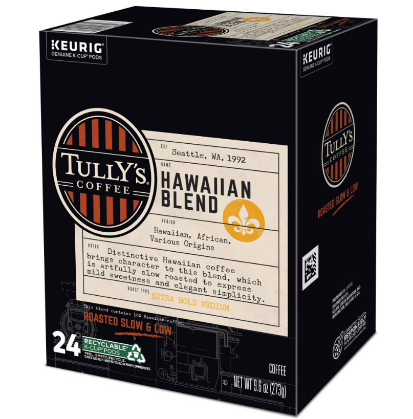 Tully's Coffee Hawaiian Blend K-Cup Pods Medium Roast Coffee 24 Count