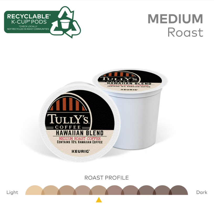 Tully's Coffee Hawaiian Blend K-Cup Pods Medium Roast Coffee 24 Count