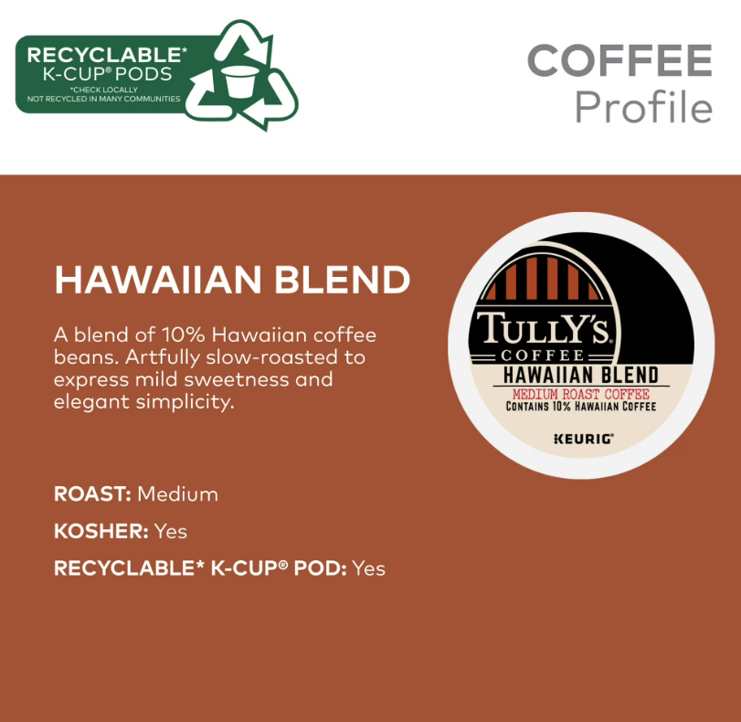 Tully's Coffee Hawaiian Blend K-Cup Pods Medium Roast Coffee 24 Count